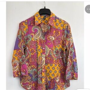 Ralph Lauren Women’s Pink and Yellow Paisley Button Down Shirt - Size XL